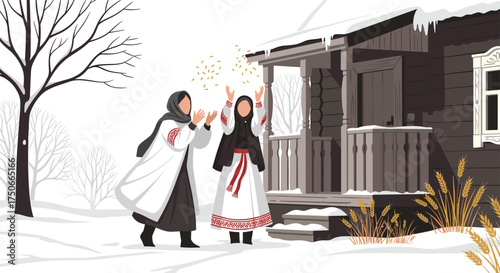 Two Women in Traditional Clothing Celebrating a Winter Festival with Grain