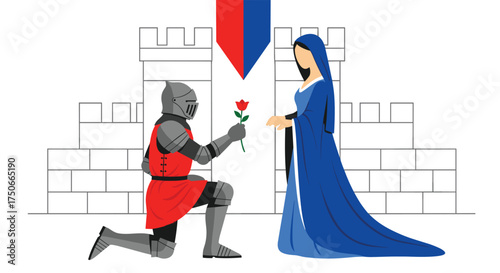 Brave Knight Presents a Red Rose to a Beautiful Lady Outside a Castle Wall