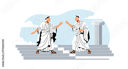 Two men in togas discuss ancient philosophy on a stage with columns