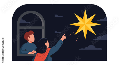 People looking at a bright star in the night sky through a window