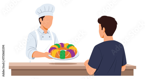 Baker Presents Traditional King Cake to Customer Celebrating Mardi Gras Festivities