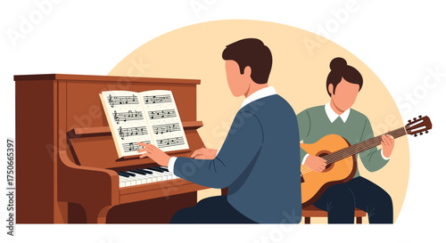 Two Musicians Practicing Together on a Piano and Guitar
