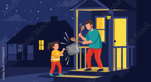 Father and Daughter Making Music Together Outdoors at Night