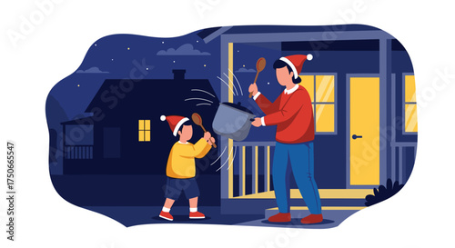 Family enjoys festive holiday season with joyful outdoor cooking activities at night