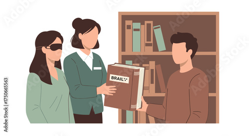 A Librarian Helps a Visually Impaired Person Find Accessible Books in the Library