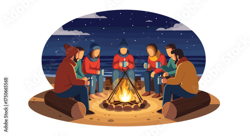 Friends Gather Around a Warm Campfire Under a Starry Night Sky