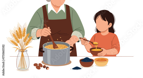 Grandmother and child preparing a warm nourishing meal together in the kitchen