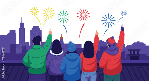 Friends Watching Festive Fireworks Light Up the City Skyline on a Cold Night