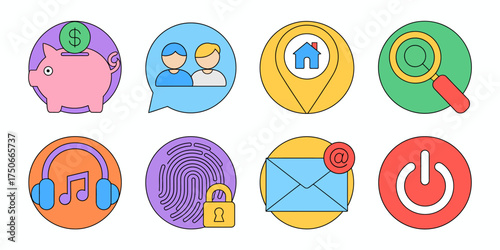 Collection of colorful vector icons representing various concepts such as finance communication location search music security email and power ideal for web design and app development