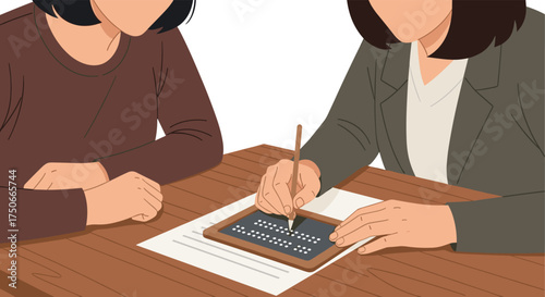 Teacher Assisting Student Learning Braille on a Slate and Stylus