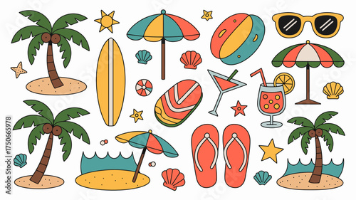 Colorful summer beach vacation elements featuring palm trees surfboard sunglasses cocktails and flipflops perfect for travel and holiday themed designs and illustrations