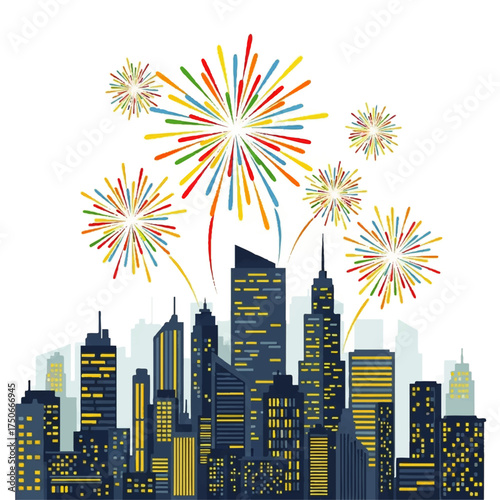 Vibrant City Skyline Illuminated by Festive Fireworks Display.