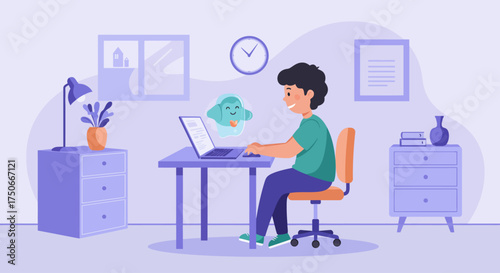 Illustration of a student sitting at a desk using a laptop with a friendly AI assistant floating beside the screen. The cozy home environment represents modern online learning and educational technolo