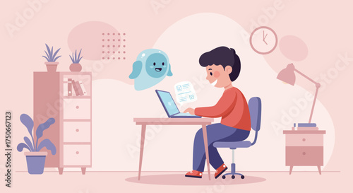A boy sitting at a desk using a tablet while a virtual AI tutor appears beside him. Warm pastel colors and a comfortable room setting illustrate personalized smart learning and digital assistance.