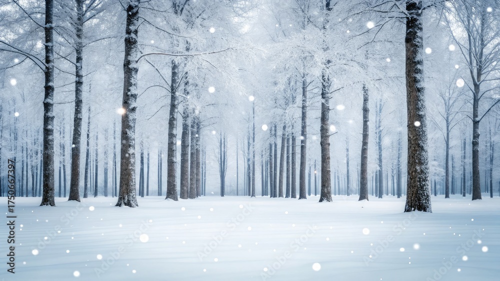 Fototapeta premium Winter wonderland forest trees covered in snow, sparkling in the sunlight
