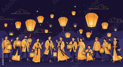 Celebration Of Mid Autumn Festival With Lanterns And People
