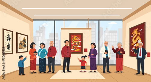 Chinese Family Visiting Art Gallery, Admiring Traditional Artwork