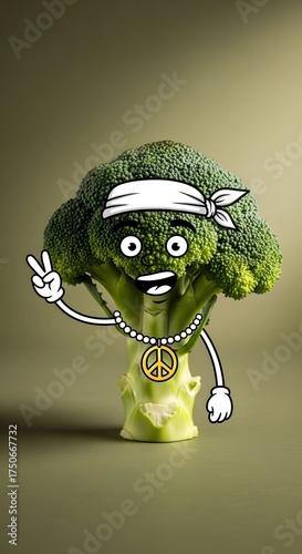 This vibrant cartoon broccoli character, sporting a peace sign and a cool headband, joyfully promotes healthy eating and positive vibes with a cheerful smile and a friendly gesture