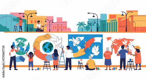 Diverse Community Painting Murals Depicting Global Harmony And Peace
