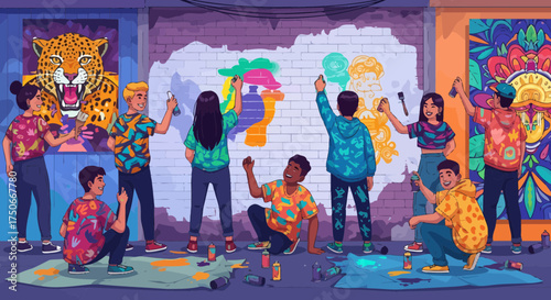 Diverse Group Creating Mural Together Urban Art Team Project