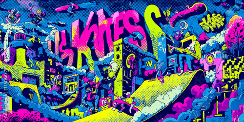 Vibrant street art featuring colorful graffiti, skateboards, and urban landscapes, evoking sense of energy and creativity