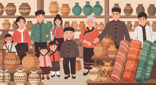 Happy Asian Family Visiting Traditional Pottery And Textile Market