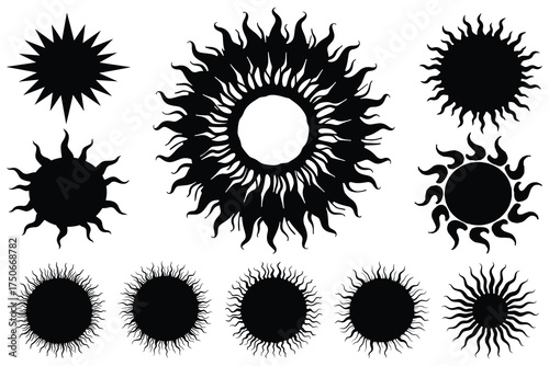 Collection of black sun graphic elements solar celestial