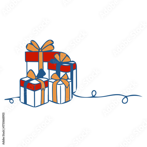 Four Wrapped Gift Boxes with Ribbons and Whimsical Holiday Curl Line Adobe Illustrator Artwork