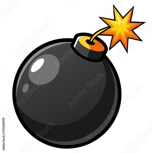 Bomb Cartoon Illustration: Comic Style Explosive Weapon with Burning Fuse, Danger and Warfare Concept, Round Black Bomb Design with Yellow Spark, Animated Destruction Symbol