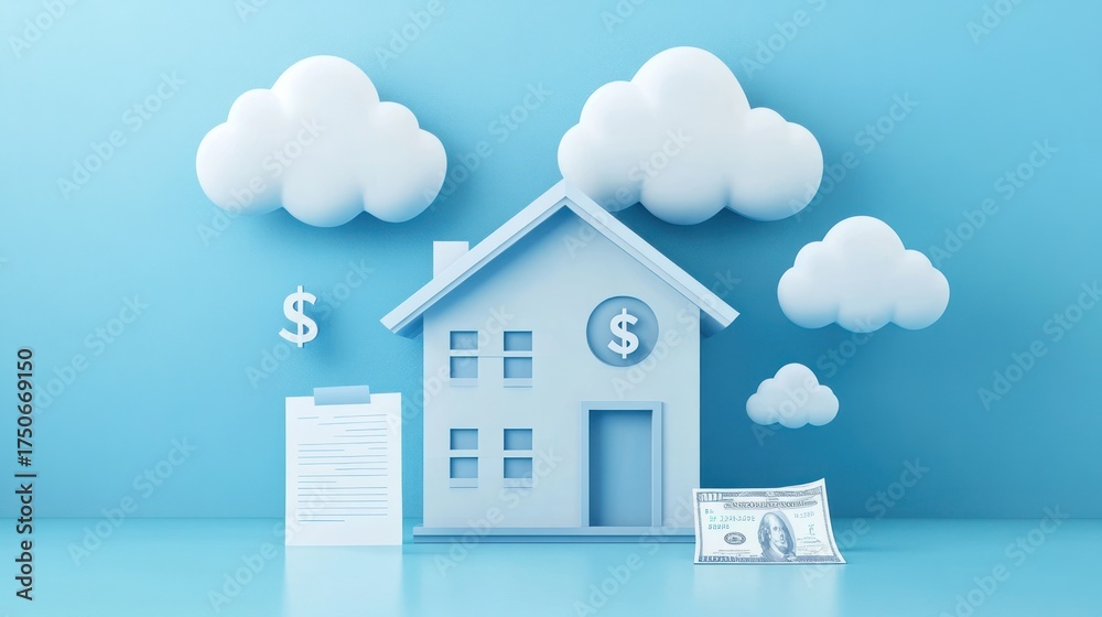 custom made wallpaper toronto digital3D rendered house with clouds, dollar signs, and money, for real estate concepts