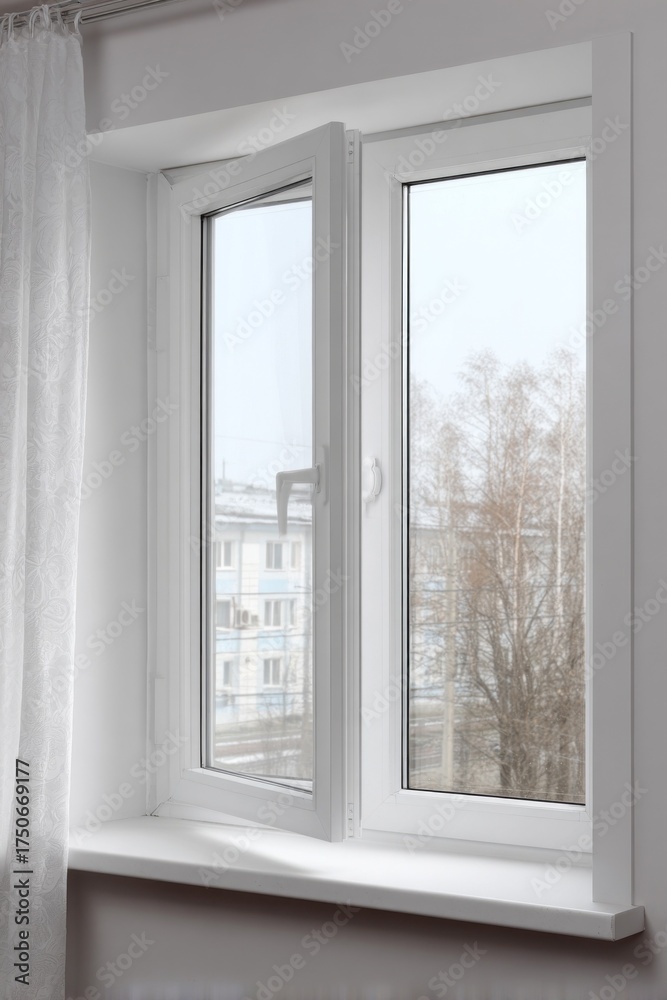 Fototapeta premium Fresh morning light streams through a modern window overlooking a quiet neighborhood in early spring
