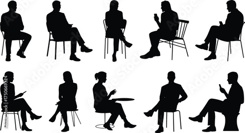 Silhouette of business professionals sitting and standing in studio, formal office attire, teamwork, leadership, confidence and corporate communication concept