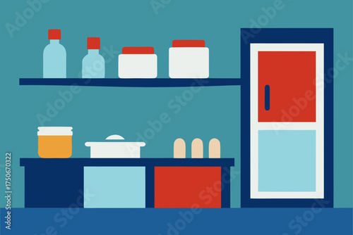 Shelf with bottles and jars next to a closed door