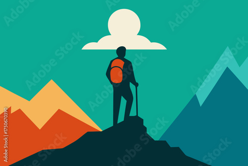 Hiker standing on a mountain peak with backpack view