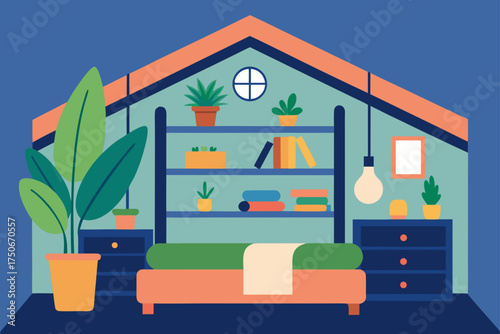 Interior view of a bedroom with plants and furniture