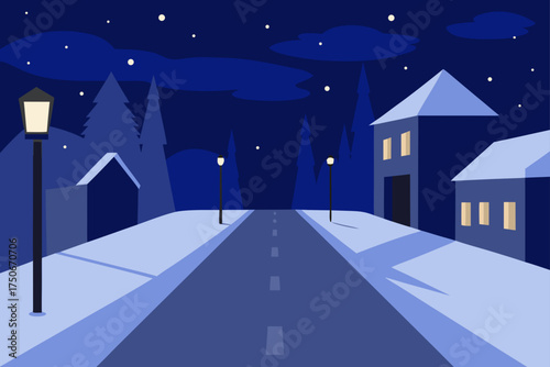 Snowy street at night with houses and streetlights