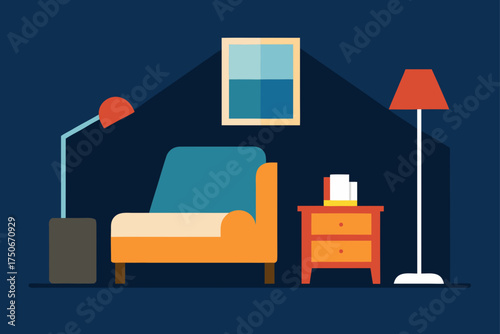 Illustration of a living room interior at nighttime