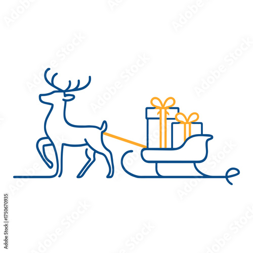 Reindeer Pulls Sleigh of Gifts in Minimalist Christmas Line Art Style Adobe Illustrator Artwork