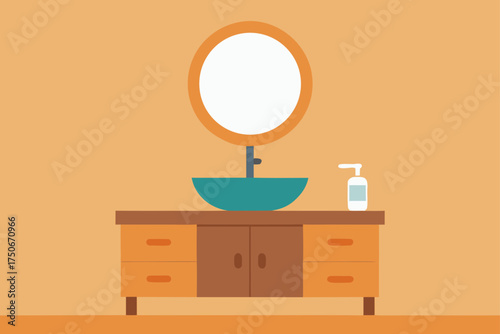 Bathroom vanity with sink mirror and soap dispenser