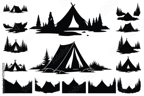 Black silhouette camping tents and pine trees collection