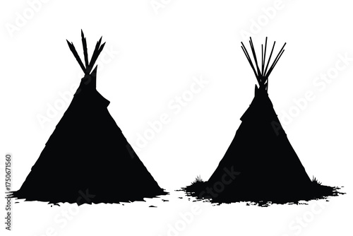 Two black silhouette teepees with pointed tops and grassy bases