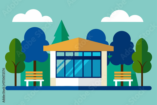 Illustration of a park shelter with trees and benches