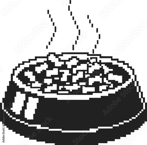 pixel art hot pet food bowl retro black and white meal, steaming kibble for animals, digital illustration, vintage