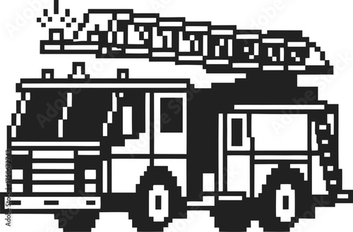 Pixel art fire truck with extended ladder retro emergency vehicle, rescue transportation icon, safety illustration