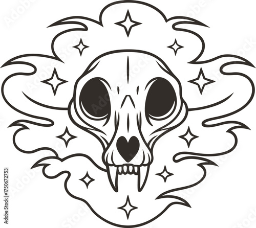 Wildcat skull surrounded by mystical smoke and stars feline bones, occult aura, gothic illustration, supernatural elements