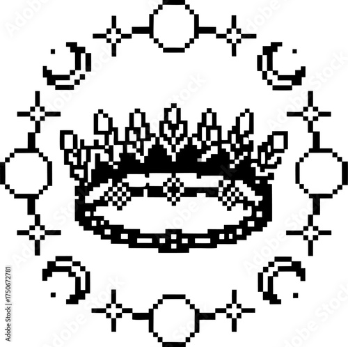 Pixel art jeweled crown surrounded by celestial moon and star phases in circular vintage pattern, black and white line illustration