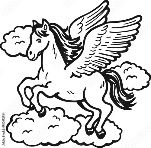 Mythical winged horse flying among clouds fantasy pegasus creature, black and white illustration, magical legend animal art