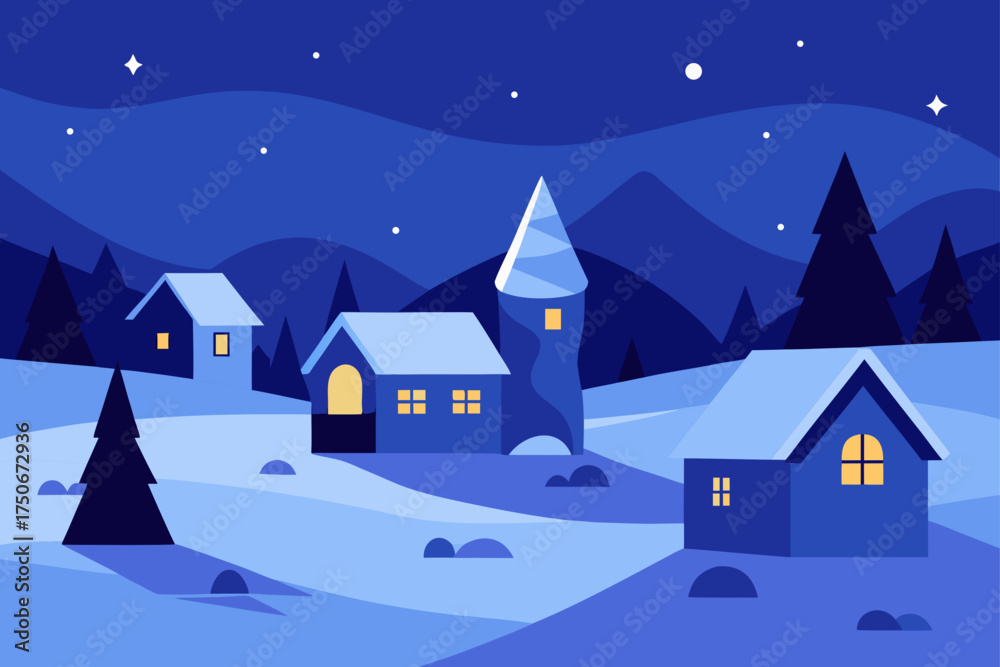 Fototapeta premium Night scene with houses and trees in winter season