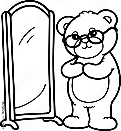 Cute plush bear with glasses standing in front of a mirror adorable stuffed animal reflection, childhood imagination concept