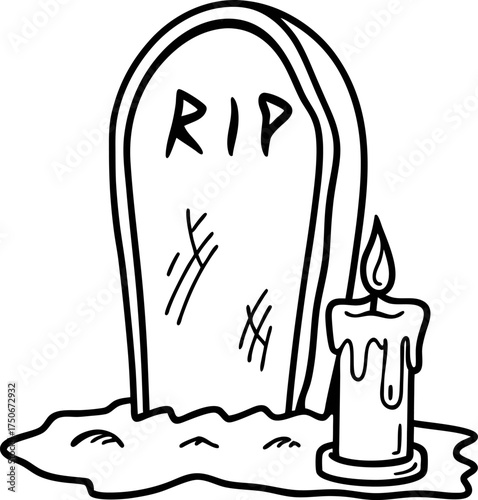 Tombstone with rip inscription and burning candle hand drawn funeral symbol, resting in peace, cemetery grave marker illustration